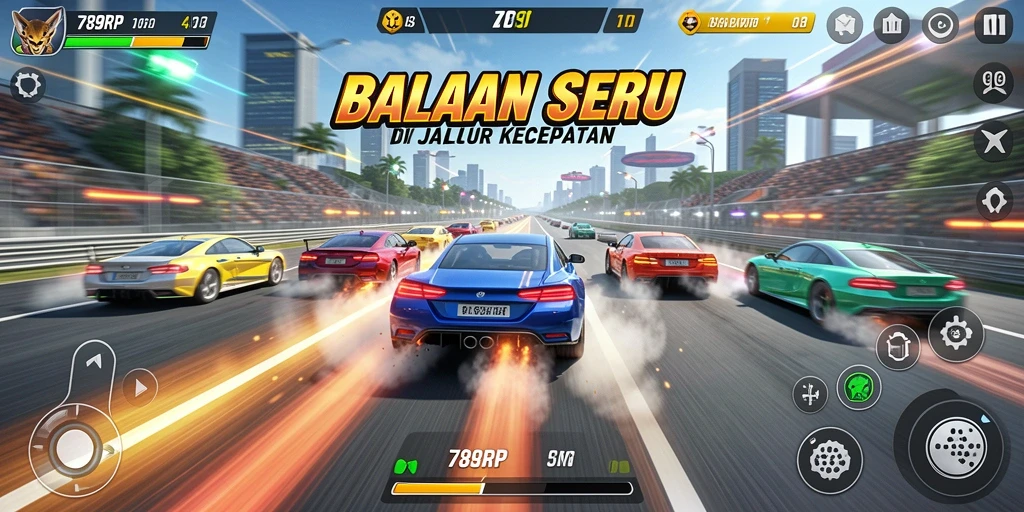 Screenshot gameplay 789RP menampilkan balapan seru dengan mobil-mobil berkecepatan tinggi.