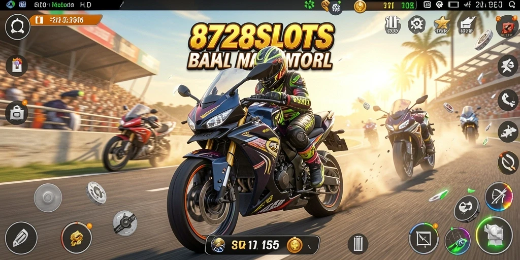 Tampilan gameplay seru di 8728SLOTS dengan balapan motor yang mendebarkan.