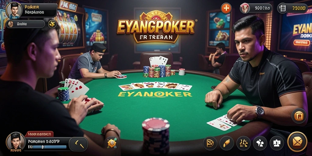 Sketsa gameplay seru di EYANGPOKER dengan teman-teman.