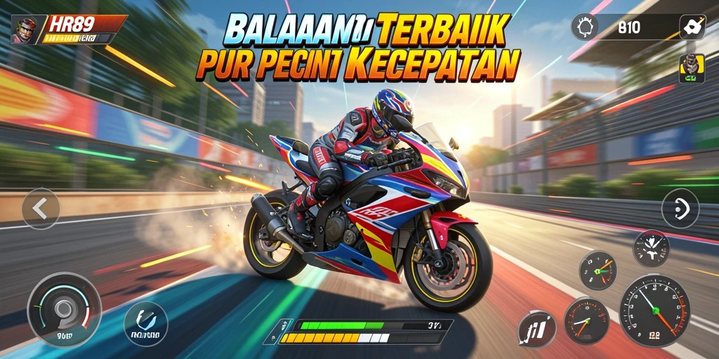 Screenshot utama HR89 menampilkan aksi balapan motor yang mendebarkan.